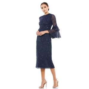 Mac Duggal 10802 NWT FULLY SEQUINED RUFFLE TIERED 3/4 SLEEVE MIDI DRESS